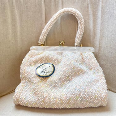 Vintage 50s 60s Bead Purse / Top Handle Handbag / White Pinkish + Pastel Diamond Beaded Design / Koppi By La Regale / NWT 