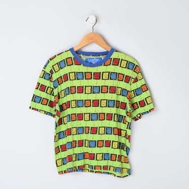 Vintage 90s JC de Castelbajac Abstract Televisions T-Shirt - lime, all-over graphic, nineties, designer - Women's XL 