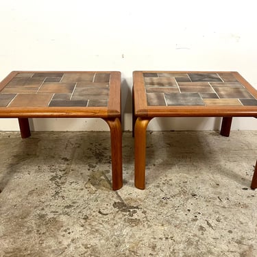 Vintage Scandinavian Pair of Bent Teak Sidd Tables With Tile Tops 