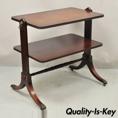 Vintage Mahogany 2 Tier Brown Tooled Leather Top Accent Side End Table