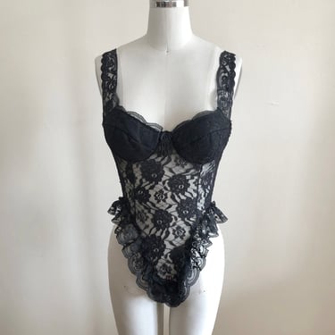 Black Lace Lingerie Romper/Bodysuit - 1980s 