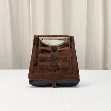1970s Cesare Piccini for Charles Jourdan Cut Velvet and Leather Top Handle Bag 