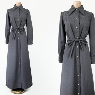 VINTAGE 70s Gray Wool Rhinestone Embellished Long Dress Coat by Gino Rossi Sz 12 |  1970s Spy Girl Overcoat | VFG 