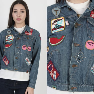 70s Womens Wrangler Dark Denim Jacket, Vintage Blue Jean Hippie Coat, Includes Pins And Embroidered Patches 