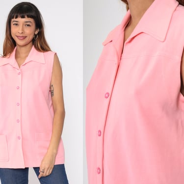 Pink Tank Top 70s Blouse Wing Collar Button up Shirt Sleeveless Collared Plain Simple Basic Retro Preppy Summer Mod Vintage 1970s Large L 