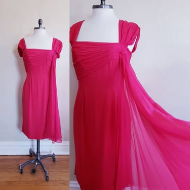 1950s Fuschia Pink Chiffon Party Dress Sleeveless / 50s Evening or Cocktail Dress Ruched Bodice Scarf Sash / Claire Lee /M 