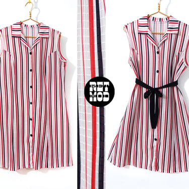 Comfy Vintage 60s 70s Red White Black Stripe Textured Sleeveless Poly Dress with Button Down Front 