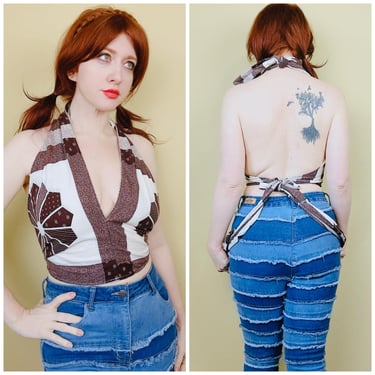 Vintage Upcycled Cream and Brown Pinwheel Patchwork Halter Top / Custom Cotton Western Bandana Print Shirt / Size 