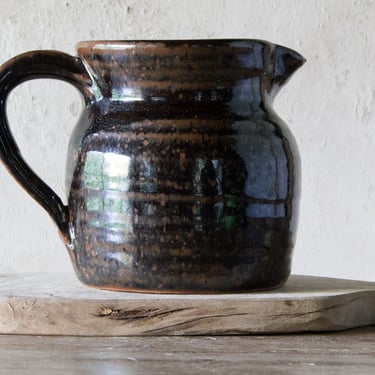 Found Pottery Pitcher, Brown and Black Stoneware Jug, Modern Farmhouse Decor 