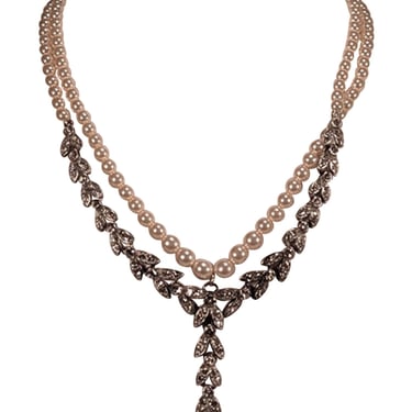 Ben Amun - Double Layer Pearl Necklace w/ Silver Jeweled Detail
