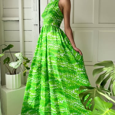 70s Green Marbled Maxi Dress | S