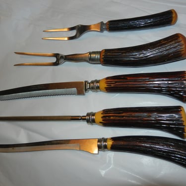 Stag Horn Carving Set~ WASHINGTON FORGE Stainless Steel Cutlery~  Bakelite Handles 1940s Vintage Kitchen Farmhouse 