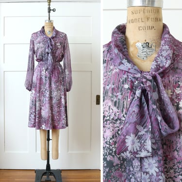 vintage 1970s purple floral dress set • sheer puff sleeve blouse & flared skirt 