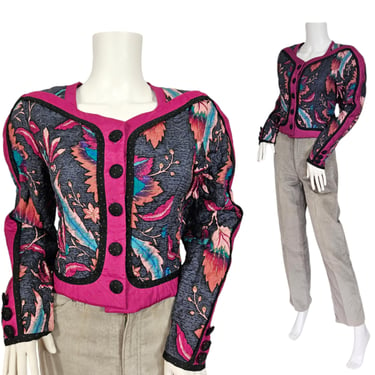 Jeanne Marc 1980's Purple Quilted Floral Print Cropped Jacket I Sz Med 