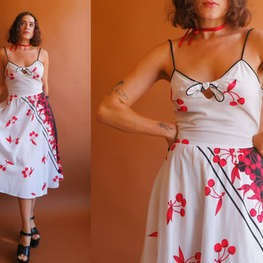 Vintage 70s Cherry Print Summer Dress/ Size Medium 27 