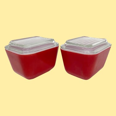 Vintage Pyrex Refrigerator Dishes Retro 1940s Farmhouse + Primary Colors (Red) + Ceramic/Glass Lids + Set of 2 + Cookware + Kitchen Storage 