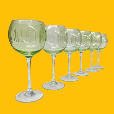 Vintage Wine Glasses Retro 1980s Contemporary + Mikasa + Cheers + Balloon Style + Glass + Green and Clear + Set of 6 + Barware + Drinking 