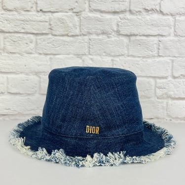 Dior Denim Frayed Edge Bucket Hat, Size 57, Blue