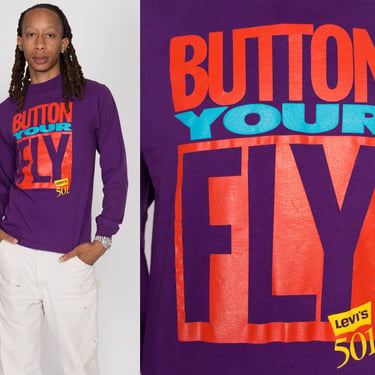 Medium 90s Levi's "Button Your Fly" Long Sleeve T Shirt | Vintage Purple Levis Graphic High Crew Neck Tee 