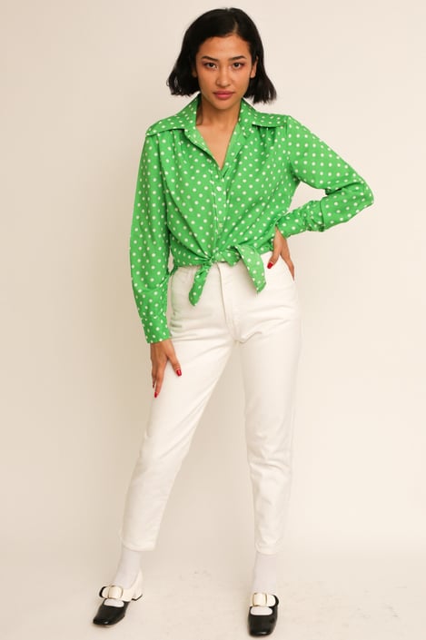 Vintage 1970s 70s Lime Green Polka Dot Long Sleeve Button Up Blouse w/ Sharp Dagger Collar 