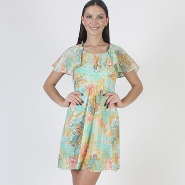 Tropical Toucan Bird Sun Dress, Vintage 70's Pastel Tropics Style, Flutter Sleeve Short Dress 