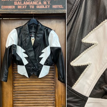 Vintage 1980’s Ultimate New Wave Black x White Batwing Leather Jacket, 80’s Western Wear, Vintage Lace, Lace Piping, Vintage Clothing 