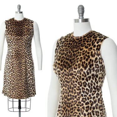Vintage 1960s Dress | 60s Leopard Print Faux Fur Animal Print Sheath Tunic Dress (small) 
