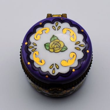 Round 60's hand painted porcelain trinket box, purple backed yellow and gold roses ring keeper 