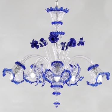 Handmade crystal color chandelier with decorations and blue flowers in Murano glass height 70cm, 5 lights, handmade Made in Italy 