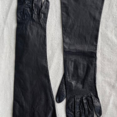 leather mid arm gloves, black