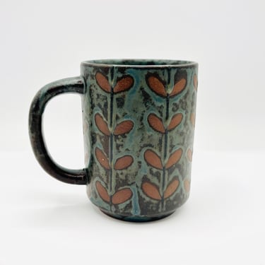 Rare Vintage Stonware Bespoke Leaf Deep Blue and Brown Otagari Mug with Handle by LeChalet