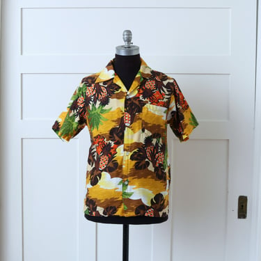 mens vintage 1960s pineapple print Hawaiian shirt • hukilau hawaii bright orange, green & yellow tiki shirt 