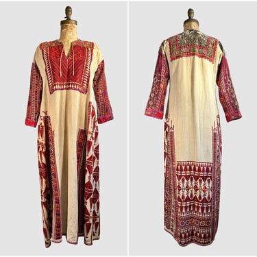 PALESTINIAN Vintage 30s 40s Dress, 1930s Traditional Jordanian Palestine Bedouin Linen Caftan, Handmade Hand Embroidered Kaftan Small Medium 