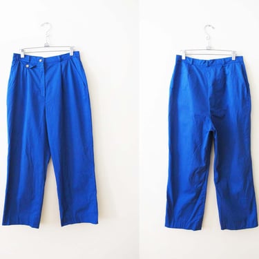 Vintage 70s Bright Blue Trouser Pants M - 1970s High Waist Pleated Cotton Pants - The Villager Wide Leg Pants 