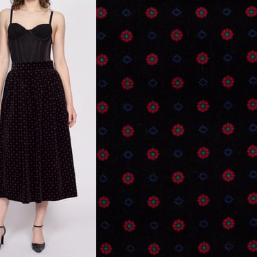 70s Daisy Dot Print Black Velvet Midi Skirt - Small, 27" | Vintage High Waisted Floral Pleated A Line Skirt 