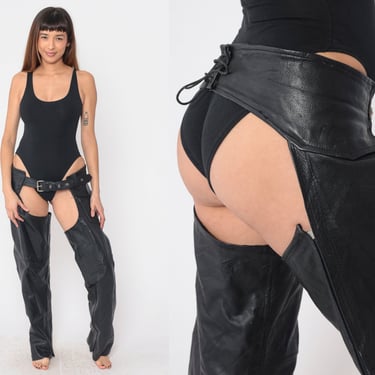 Black Leather Assless Chaps 90s Motorcycle Pants Biker Chaps Club Festival Rave Zip Snap Up Buckle Strap Sexy Vintage 1990s Extra Large xl 