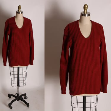 1960s Rust Dark Red Wool Knit Long Sleeve V Neck Pullover Sweater -L 