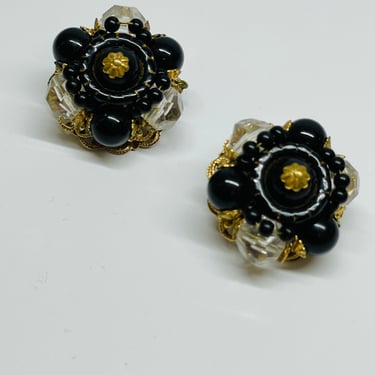 Black and Gold Beaded Clip on Earrings