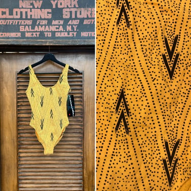 Vintage 1980’s Deadstock Yellow Black Atomic New Wave Mod Swimsuit w Tags, 1980s One Piece, Vintage Swimsuit, Leotard, New Wave, Mod, NOS 