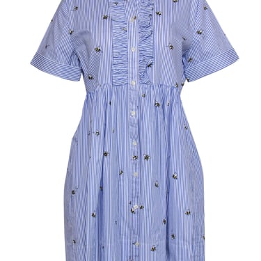 Kate Spade - Blue &amp; White Striped &amp; Bee Print Button-Up Dress Sz S