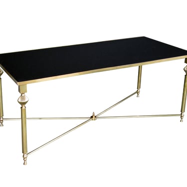 French 1940s Brass Rectangular Coffee Table with Black Glass Top