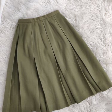 Vintage 60s Green Wool Pleated Circle Skirt // Midcentury Olive A Line High Waisted Skirt 