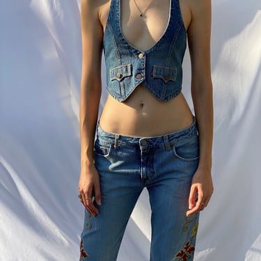 y2k Halter Top / Vintage Levi's Jean Denim Vest / Shrunken Vest Shirt / Early Aughts Shrunken Vest 