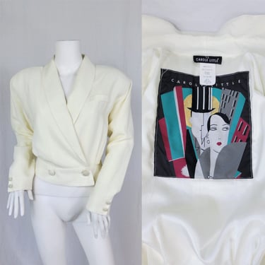 Carole Little 1980's Ivory Crinkle Rayon Military Inspired Blazer I Jacket I Suit Coat I Sz Med 