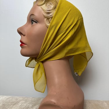 1960’s All Silk Vera Scarf~ sheer crepe silken hand rolled scarves neckerchief bandanna style square~ chartreuse yellow color /As is 