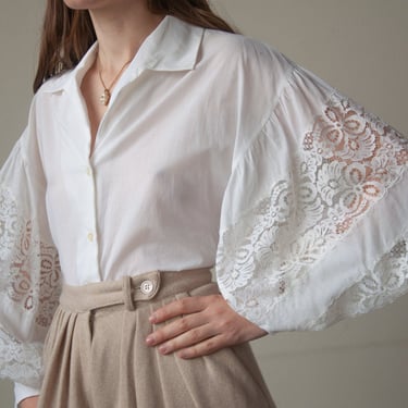 6549t / lanvin white cotton lace balloon sleeve blouse / s / m 