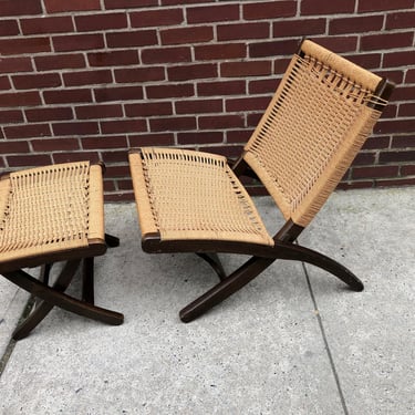 Hans Wegner Style Woven Rope Folding Chair with Ottoman -MINT 