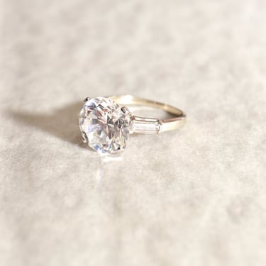 Huge 14K White Gold CZ Diamond Engagement Ring, Baguette Sidestones, Estate Jewelry, Size 8 US 