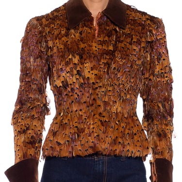 1950S Golden Brown Silk Net  Taffeta Featherd Jacket With Velvet 