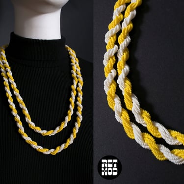Unique Vintage 60s 70s Yellow & White Twist Long Necklace - Wear Doubled or Long 